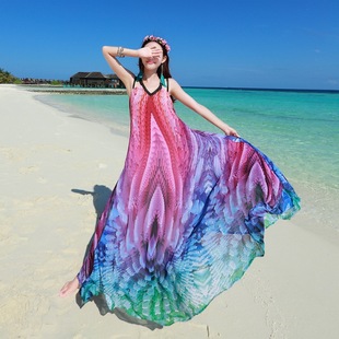 吊带露背海边沙滩裙秋夏女装吊带雪纺波西米亚长裙度假彩虹连衣裙