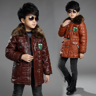 童装2015新款冬款毛领加绒皮衣加厚皮外套韩版中长款男童皮衣潮