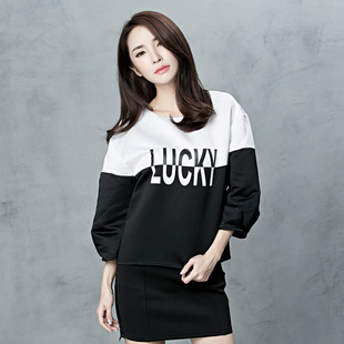 ON NI独家2015秋季新款韩国时尚黑白字母圆领长袖款原创女长袖T恤