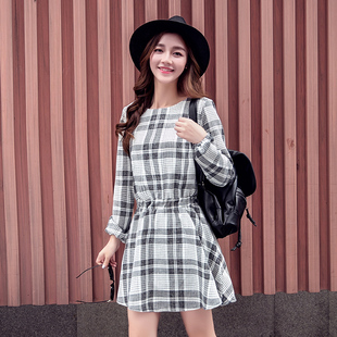 韩版2015秋新款女装圆领格子修身收腰显瘦气质甜美长袖中长连衣裙