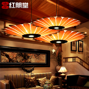 新中式木皮吊灯东南亚餐厅客厅大堂过道灯具LED茶楼装饰木艺灯饰