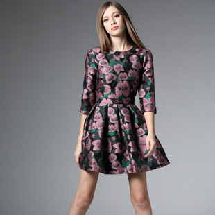 欧莎妮娅厂家秋冬新品直销欧美范儿两色印花时尚中袖连衣裙Q147