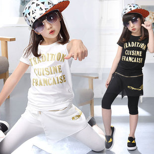 2015女童夏季短袖韩版运动套装女童短袖七分裤两件套嘻哈街头套装
