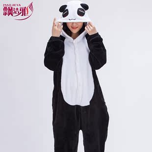 成人法兰绒卡通连体睡衣如厕版 可爱熊猫男女成人家居服情侣套装