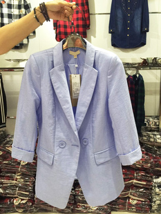 麻棉Home2015秋季韩国代购同款修身一粒扣七分袖时尚小西装外套女