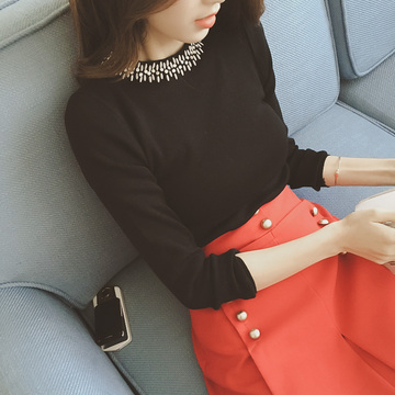 女装钉珠衫2015秋季新品韩国代购修身显瘦打底针织衫毛衣套头长袖