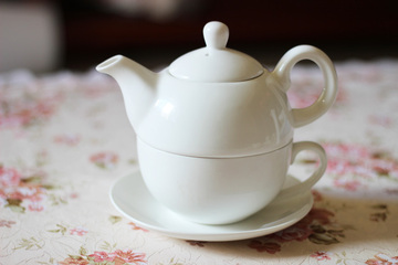 纯白陶瓷花茶壶子母壶茶杯茶壶茶杯碟
