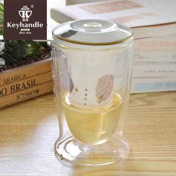 创意飘逸杯双层耐热玻璃茶杯带盖带过滤泡茶杯茶漏办公室功夫杯