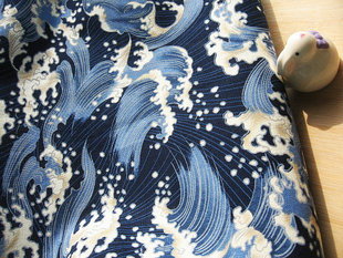 【HE】经典和风DIY麻布 棉麻布料 浮世绘海水纹蓝海浪 进口