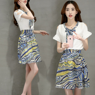 2016夏季女装韩版短袖雪纺衫印花中裙连衣裙两件套时尚A字裙