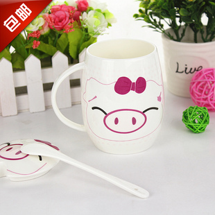 包邮创意可爱猪杯骨瓷杯水杯腰鼓杯牛奶杯咖啡杯杯子陶瓷 带盖勺