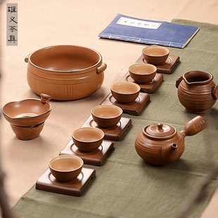 手工粗陶土中日式复古侧壶把手柄茶壶茶洗杯垫整套陶瓷功夫茶具