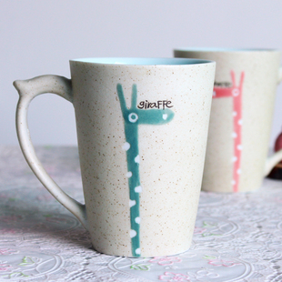 手工陶瓷水杯个性可爱卡通长颈鹿猫动物杯子马克杯情侣对杯咖啡杯