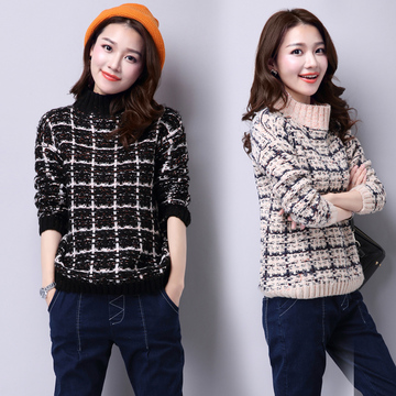 2015冬季女装高领毛衣女韩版潮套头格子宽松加厚打底衫羊毛衫外套