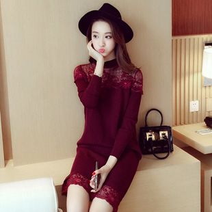 2016春季新款韩版女装连衣裙 修身显瘦蕾丝拼接长袖针织连衣裙