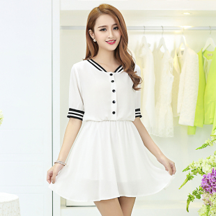 2015年夏季新款均码女装短袖雪纺连衣裙夏装韩版学院风长裙