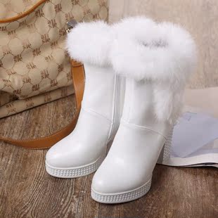 冬季兔毛白色圆头短靴拉链防水台高跟粗跟雪地靴性感大码女鞋棉鞋