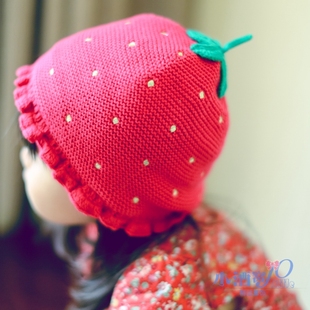 15年秋冬新款儿童针织帽 草莓绣花全棉帽子 可爱女宝宝冬帽有内里