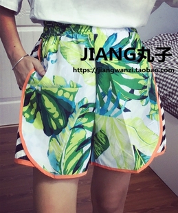 JIANG丸子 原创设计潮牌夏威夷度假风叶子拼接条纹休闲运动短裤
