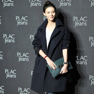 韩国代购2015冬季新款韩版中长款羊毛大衣 双排扣大牌毛呢外套女