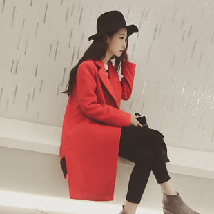 冬季新品韩国大牌宽松长款呢料大衣 女不规则下摆红色尼外套