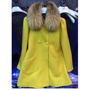 欣点韩版2014秋冬新款女装纯色显瘦中长款外套貉子毛呢大衣6698