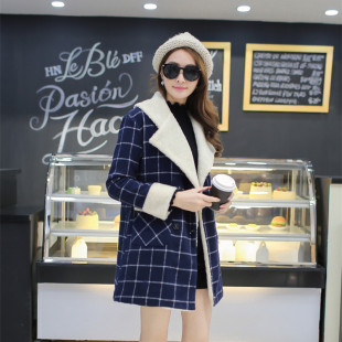 2015冬季新款韩版女装中长款单排扣条纹毛呢外套修身翻领呢子大衣