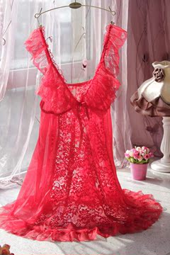 性感女士睡衣吊带睡裙蕾丝网纱透明诱惑胖mm可穿大码V领红色