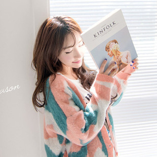 2015秋装韩版女装宽松长袖拼色毛衣针织开衫外套