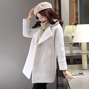 冬装新款韩版简约气质白色毛呢外套女中长款修身显瘦加棉羊绒大衣