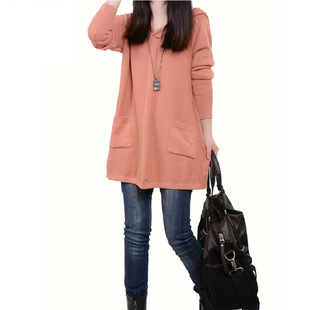 2015年迷稀尔春秋季新品宽松大码韩版女装精美口袋连帽领长袖毛衣