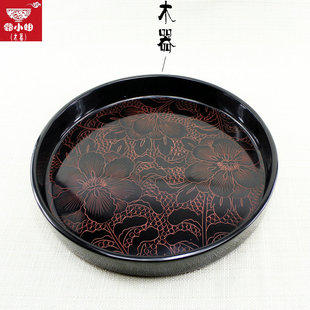 脱胎黑色圆盘 果盘创意刻花时尚现代 木制茶杯托盘欧式可爱茶盘