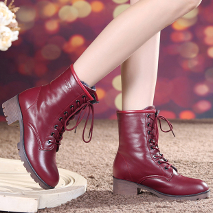 2015秋冬新款系带马丁靴潮女短靴英伦中跟女鞋粗跟真皮女靴子棉靴