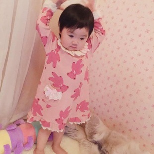 新款韩版儿童睡裙纯棉可爱花边卡通熊睡衣女童长袖睡裙亲子家居服