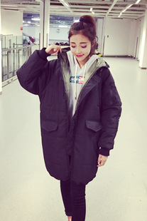 2015韩版中长款宽松连帽羽绒棉服 女士中长款加厚棉衣外套
