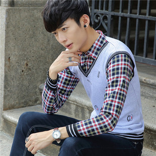 韩版假两件衬衫领毛衣男打底薄款秋季小清新青少年学生套头针织衫