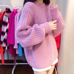 2015韩国东大门代购 圆领套头宽松大毛衣外套蝙蝠袖针织衫 加厚