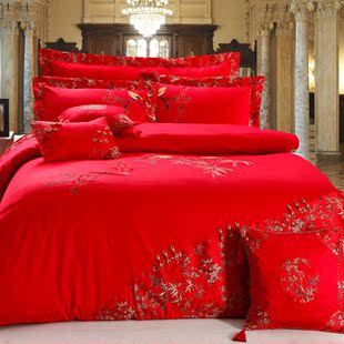 正品纯棉刺绣婚庆四件套大红色全棉提花贡缎结婚用品1.8米床