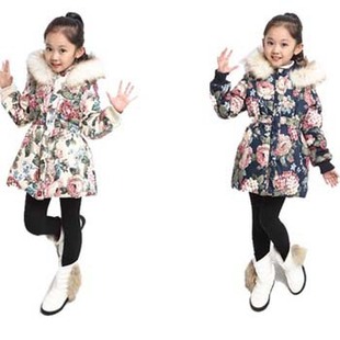 15冬季新款女童新年装 韩版中大童时尚毛领碎花中长款棉衣棉服潮
