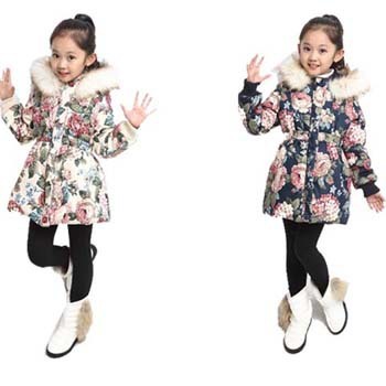 15冬季新款女童新年装 韩版中大童时尚毛领碎花中长款棉衣棉服潮