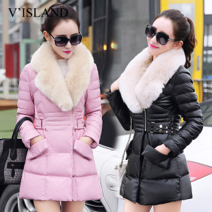 2015冬装韩版女装大码中长款大毛领羽绒上衣修身加厚PU皮棉服外套