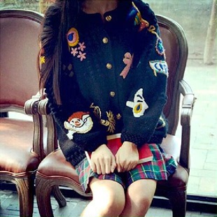 韩版秋冬季新款女装可爱卡通手工绣花甜美针织毛衣开衫外套学院风