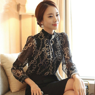 2015秋装新款韩版大码女装蕾丝打底衫立领长袖雪纺衬衫宽松印花潮