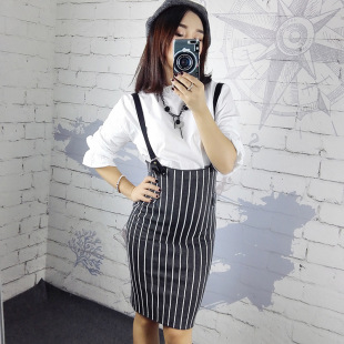 2016春夏新款韩版条纹背带裙时尚女士半身裙针织背带学院风女裙子
