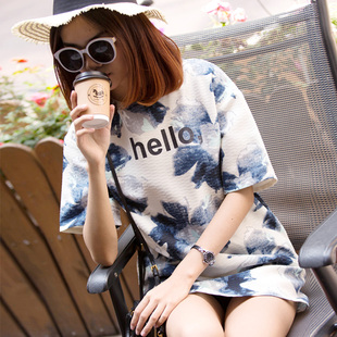 2015夏装新款印花拼色宽松短袖T恤 韩版女夏装潮直筒长款印花T恤