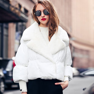 2015年女式秋冬欧美新款白色保暖蝙蝠型短裤棉衣兔毛翻领棉衣外套
