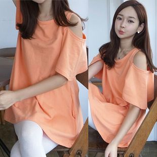 韩版新款上衣女纯色宽松大码露肩短袖t恤女夏装中长款半袖体恤衫