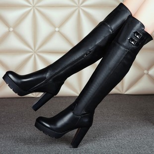 2015冬季品牌牛皮舒适黑色过膝长靴中跟圆头长筒靴粗跟真皮女靴