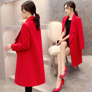 2016秋季长袖修身大红色呢子大衣女秋西装领显瘦时尚休闲外套潮