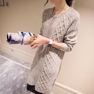 冬季新款韩版毛衣女中长款针织打底衫修身显瘦百搭打底连衣裙加厚